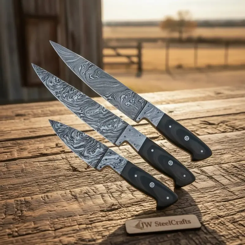 3 Pcs Handmade Damascus Chef Knife Set, Professional Grade Black Micarta Handle Knives 1