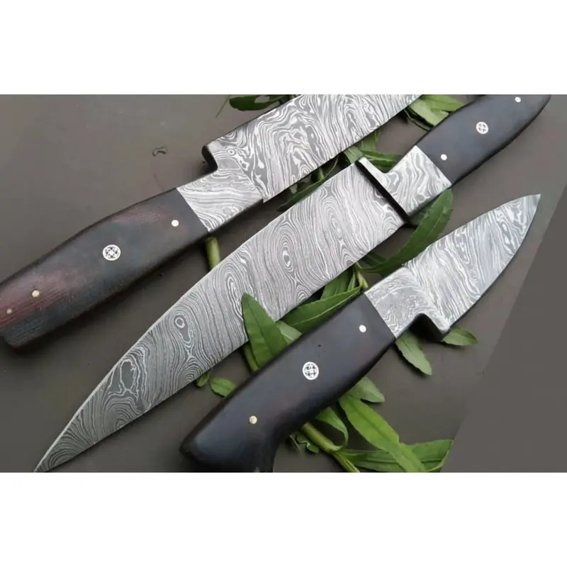 3-Piece Handmade Damascus Kitchen Knife Set, Full Tang Twisted Pattern Steel, Black Micarta Handles 1