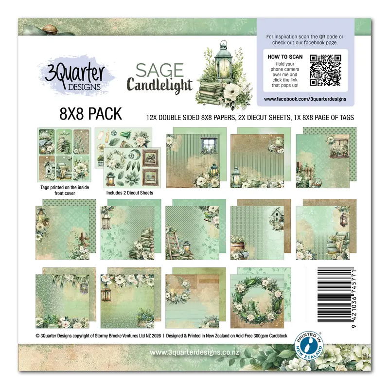 3Quarter Designs Sage Candle 8X8 Paper Pack & Diecuts Set 1