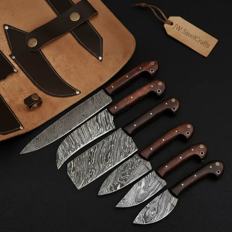 6-Piece Damascus Knife Set With Leather Roll 1