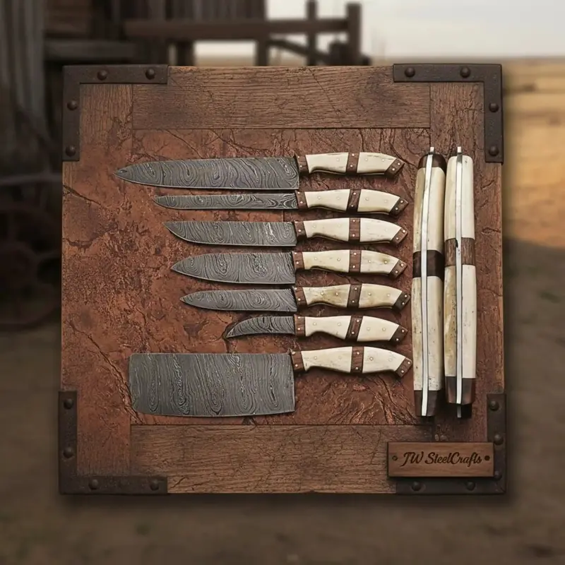 7-Piece Handmade Damascus Kitchen Knife Set With Bone Handle And Leather Roll 2