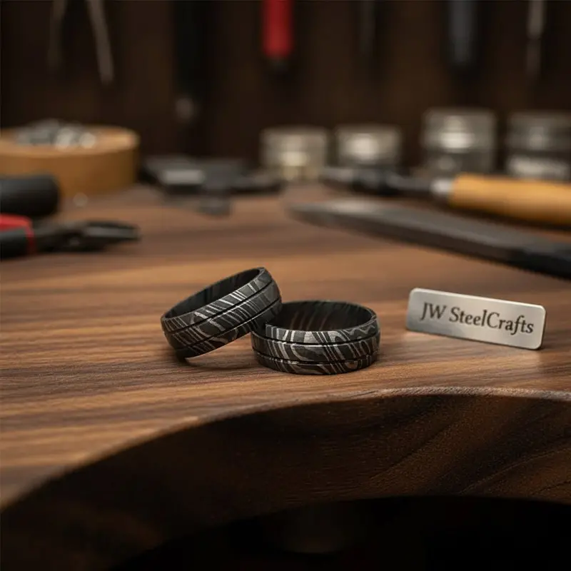 Black Damascus Steel Wedding Ring Set Double Groove Couple Bands 1