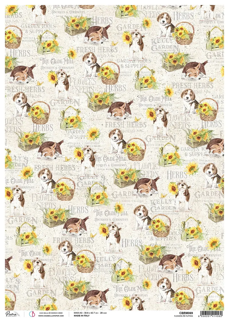 Ciao Bella Rice Paper A3 Piuma Flowers & Puppies - 3 Sheets 1