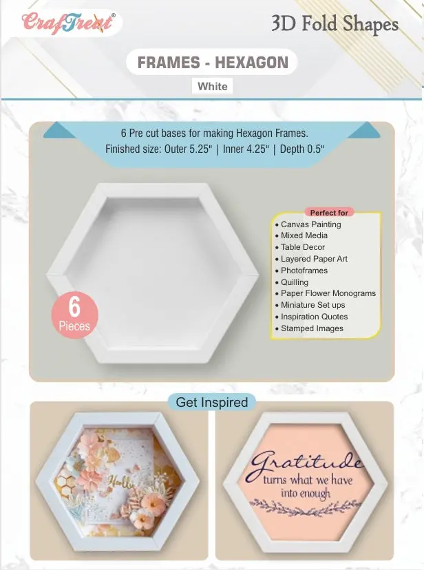 Craftreat 3D Fold Shapes - Frames White - Hexagon 6Pcs 1