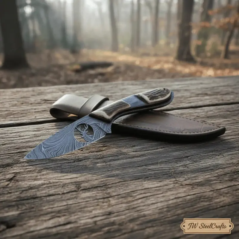 Damascus Skinner Knife Stag Handle 6.5” Fixed Blade 1