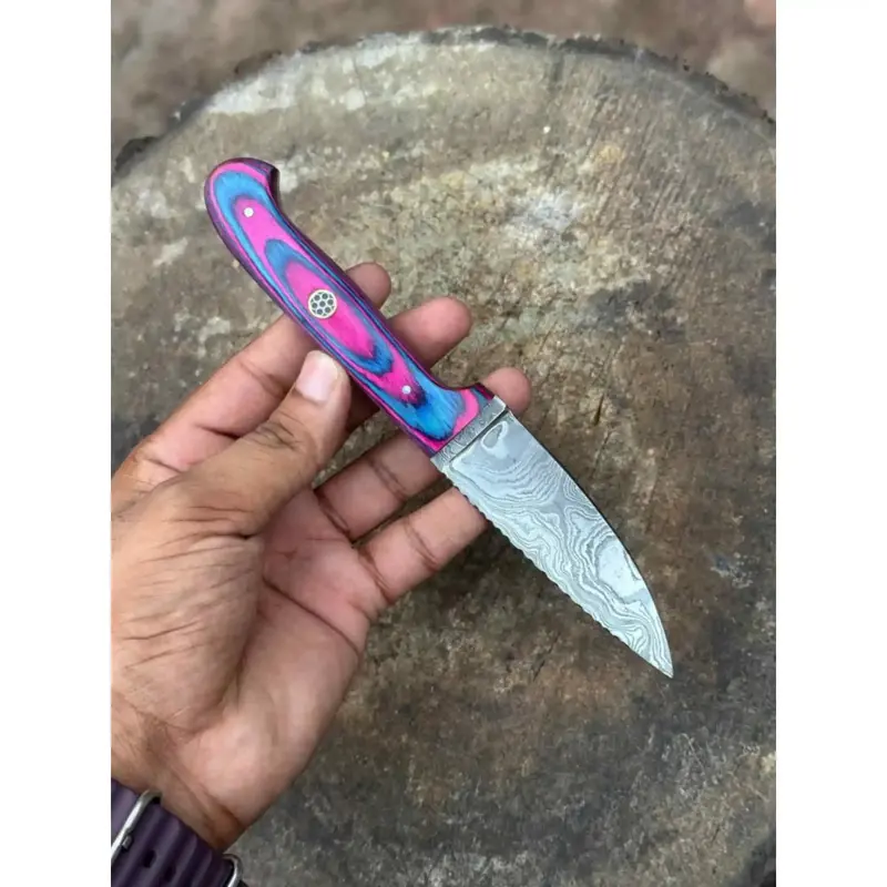 Damascus Steel Fixed Blade Knife – Pink & Blue Pakka Wood Handle | Jw Steelcrafts 1