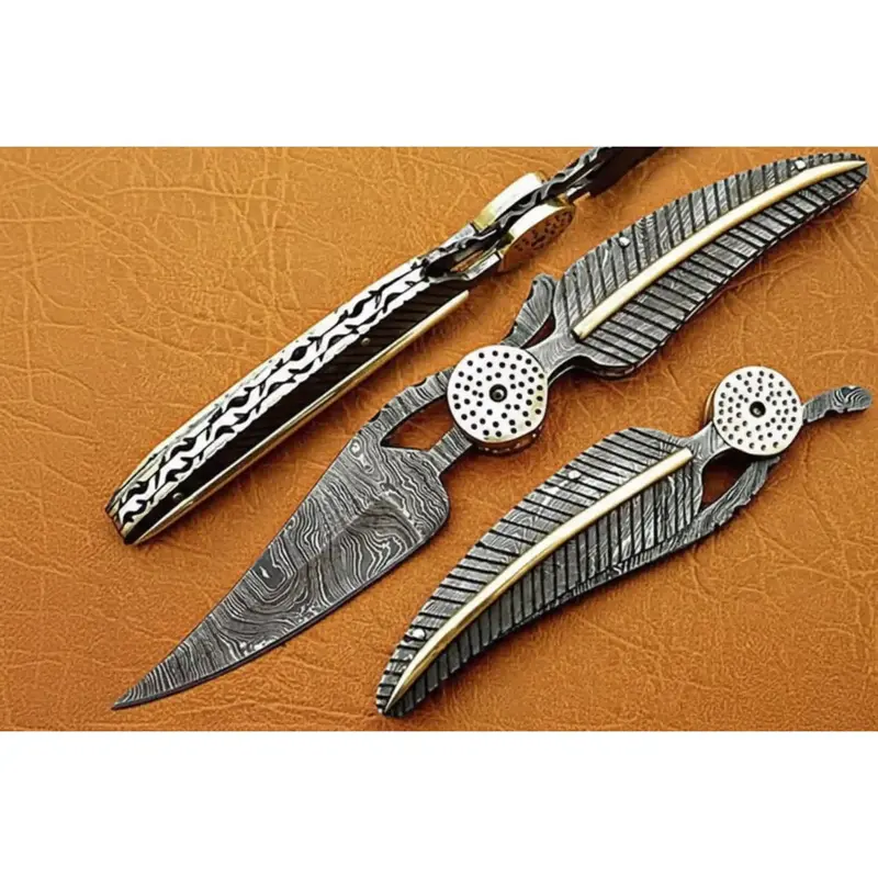 Damascus Steel Folding Knife With Sculpted Feather Handle & Brass Inlay | Handcrafted Edc Pocket Knife 1