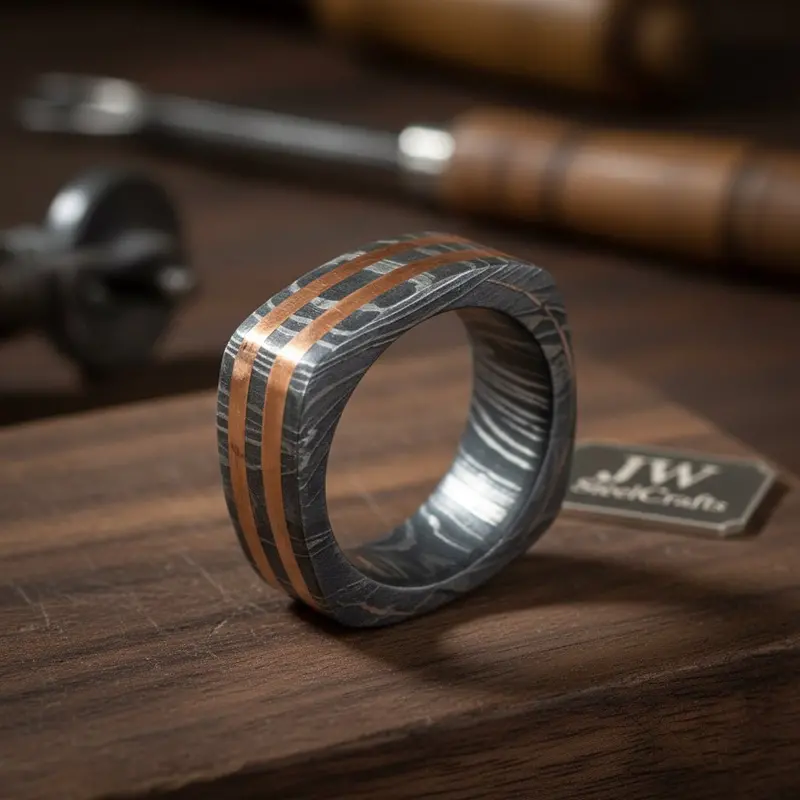 Damascus Steel Wedding Ring Double Copper Inlay Handmade Band 1
