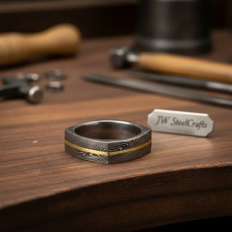 Damascus Steel Wedding Ring Faceted Band With Brass Inlay 1