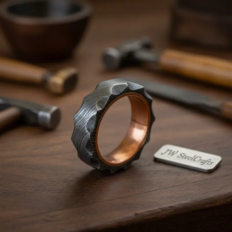 Damascus Steel Wedding Ring Hammered Texture With Copper Inner Band 1