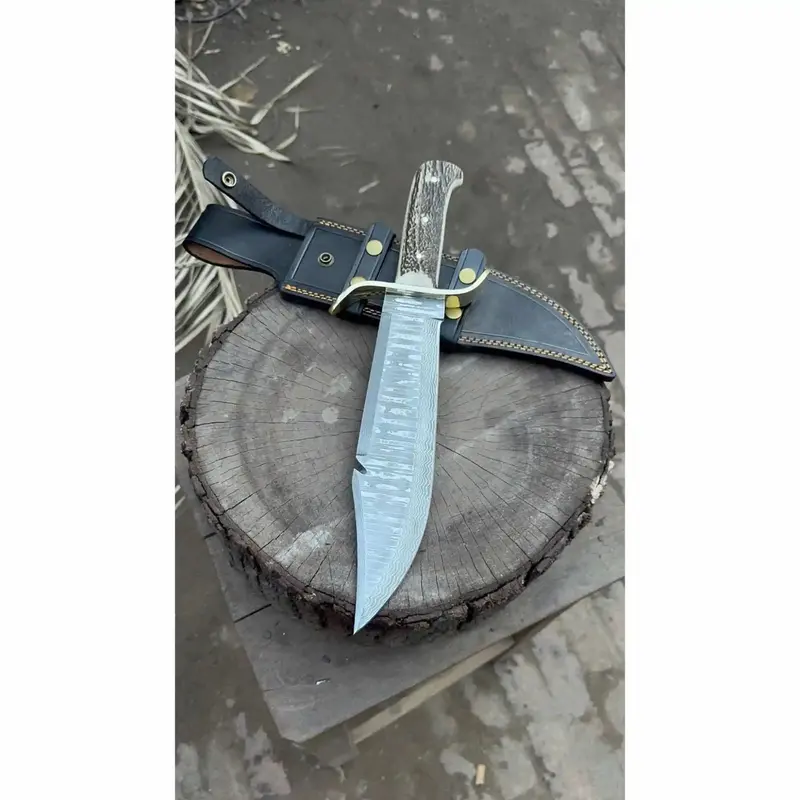 Frontier Bowie Style Hand Forged Damascus Steel Knife With Brass S-Guard, Clip Point Blade, Cut Hook, Stag Handle, Full Tang With Leather Sheath – Jw Steelcrafts 2
