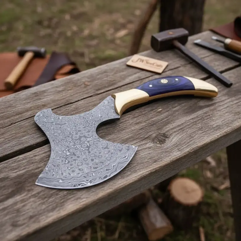 Hand-Forged Damascus Bearded Hatchet With Purple Wood And Brass Handle 2