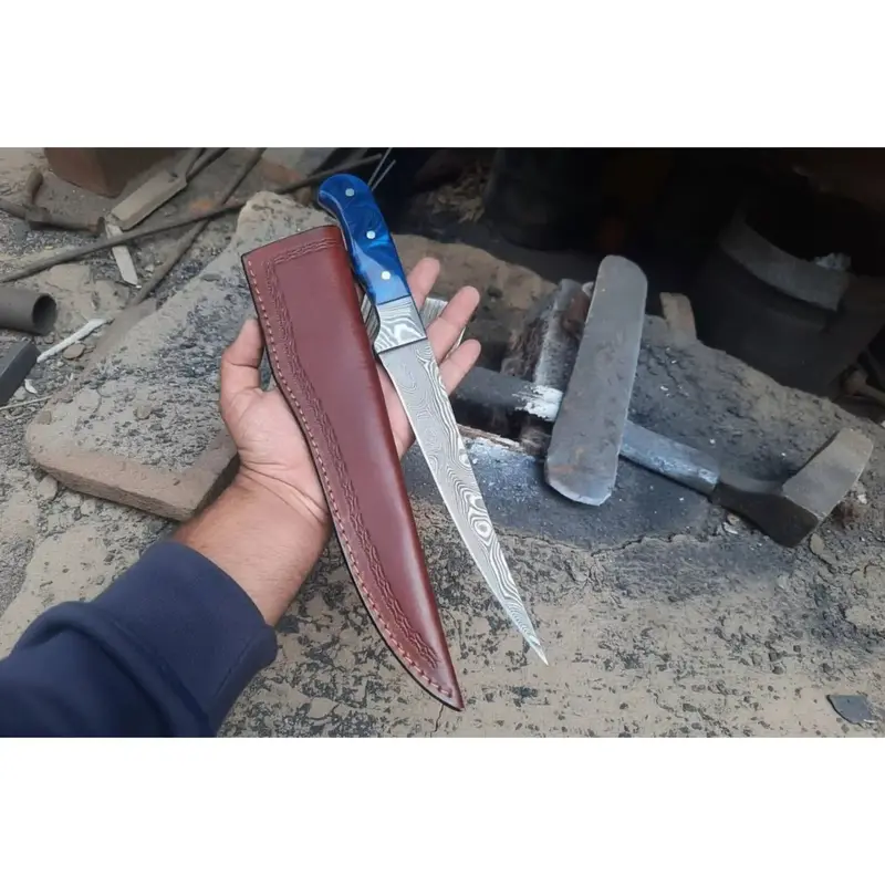 Hand-Forged Damascus Steel Fillet Knife – 8 Inch Flexible Fish Fillet Blade With Blue Resin Handle, Full Tang Professional Fishing Knife With Leather Sheath Jw Steelcrafts 1