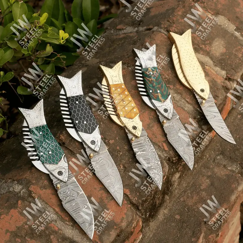 Hand Forged Damascus Steel Folding Knife – Honeycomb, Pinecone & Brass Handle Variations 1