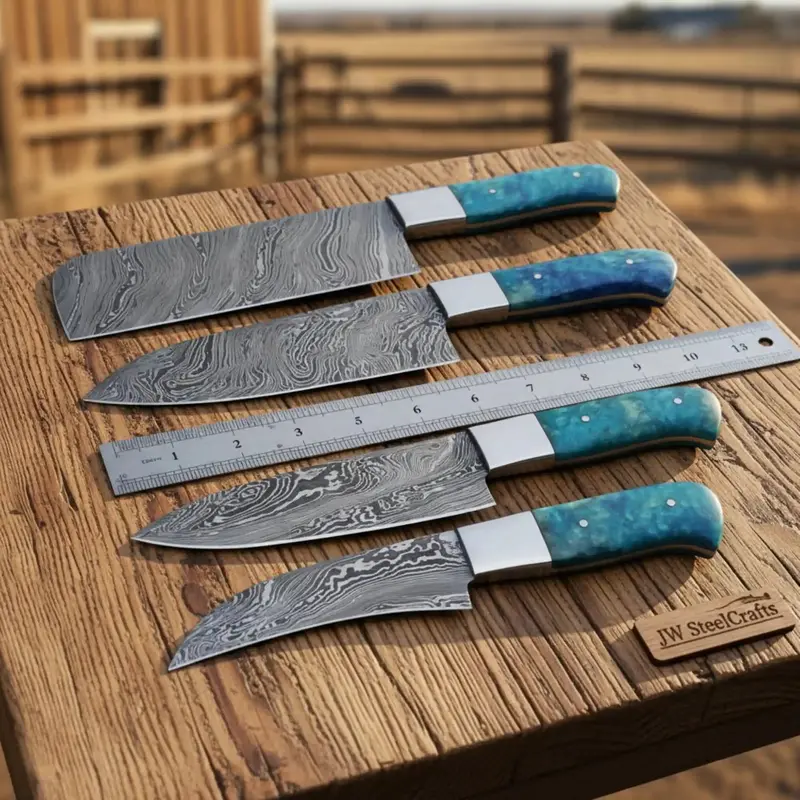 Hand-Forged Twisted Damascus Chef Knife Set — Nakiri Style, Blue Resin Handle, Steel Bolster 1