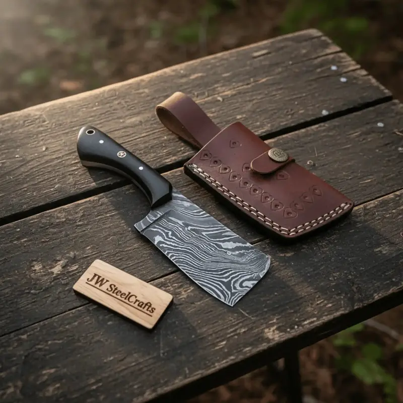 Handcrafted Mini Cleaver - Small Butcher Knife With Green Pakka Handle & Leather Sheath 2