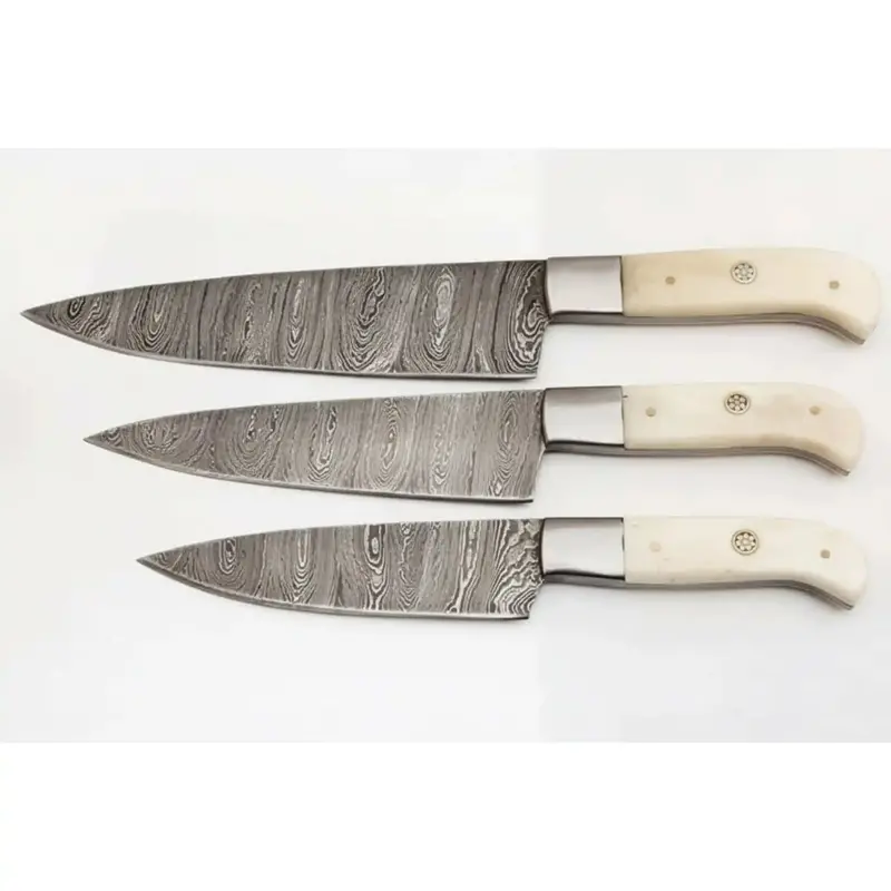 Handmade Damascus 3-Piece Kitchen Knife Set With Bone Handles, Slicing Carving And Chef Knives 2