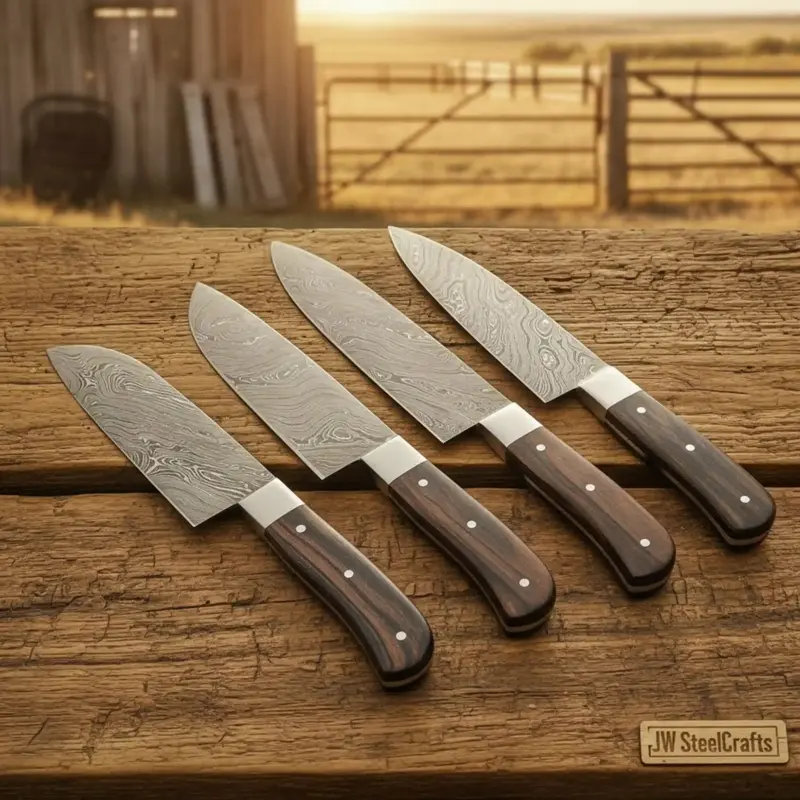 Handmade Damascus Chef Knife Set, 4-Piece Professional Cooking Set With Pakka Wood Handles 1