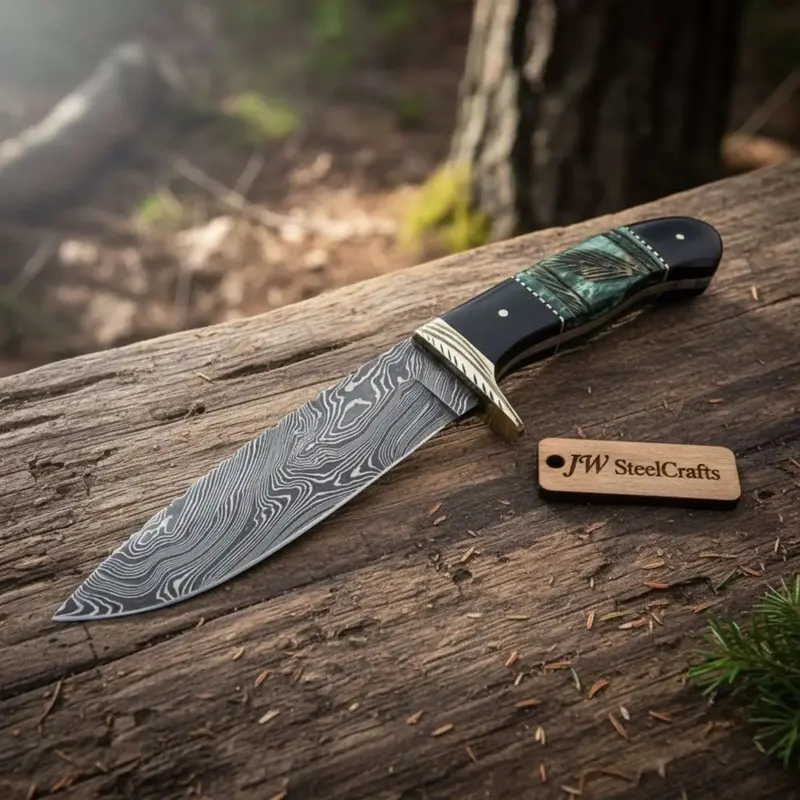 Handmade Damascus Compact Clip Point Bowie Knife, Custom Handle Fixed Blade 1