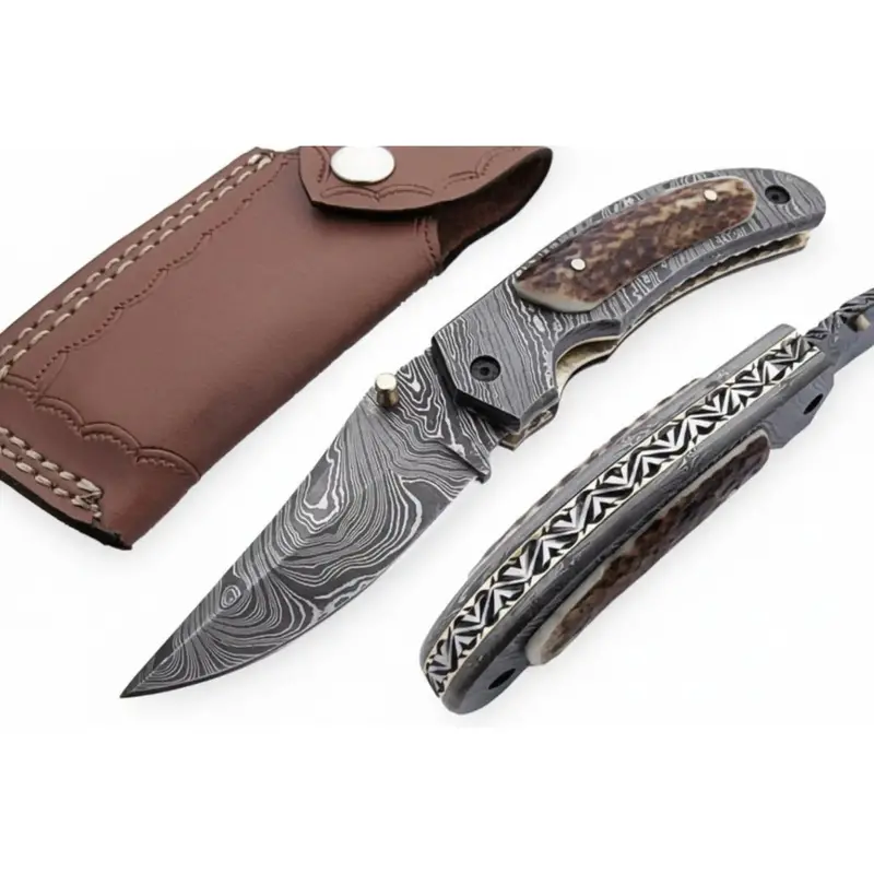 Handmade Damascus Folding Knife With Stag Horn Handle - Everyday Carry Knife By Jw Steelcrafts 1