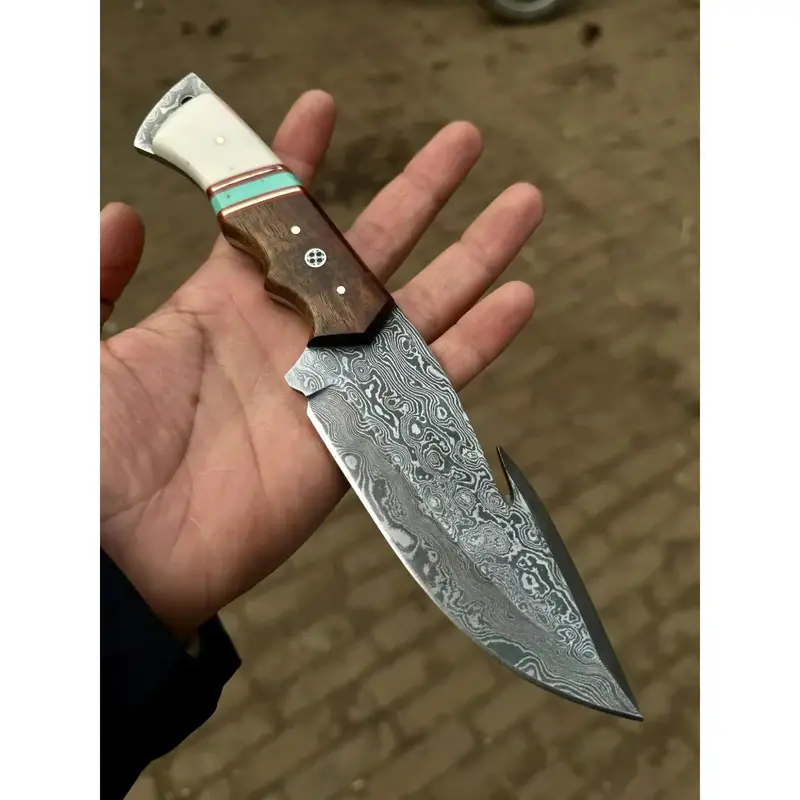 Handmade Damascus Gut Hook Hunting Knife Bone And Rosewood Handle With Leather Sheath 1