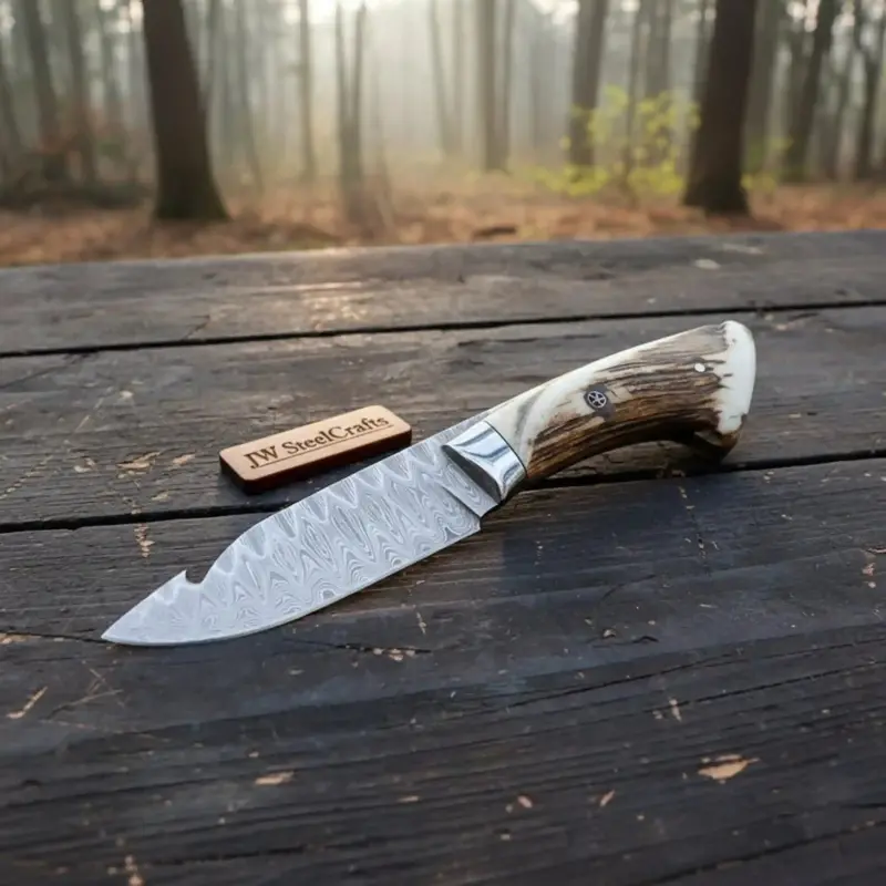 Handmade Damascus Gut Hook Skinner Knife With Deer Horn Handle 1