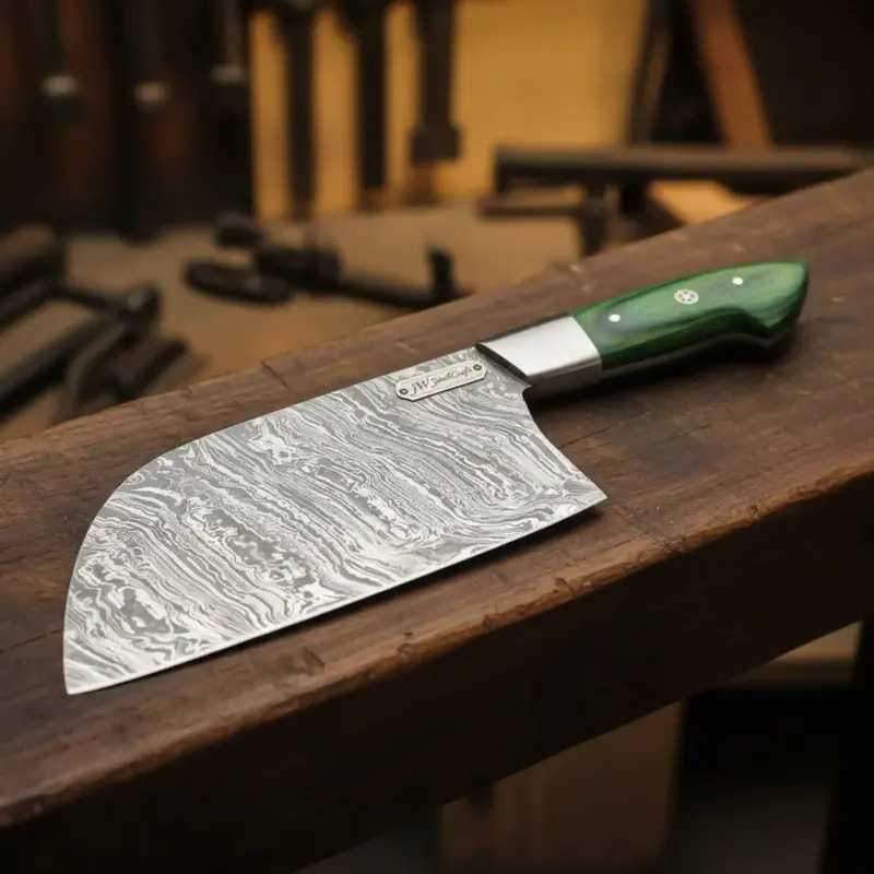Handmade Damascus Nakiri Chef Knife With Wide Vegetable Blade, Green Pakka Wood Handle, Full Tang Kitchen Knife, Jw Steelcrafts 1