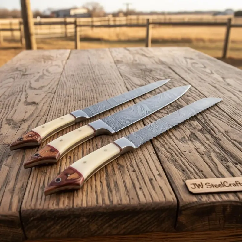 Handmade Damascus Steel Kitchen Knife Set With Bone And Wood Handles 2