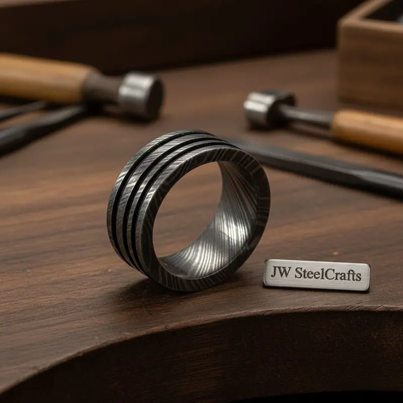 Mens Damascus Steel Wedding Band Wide Multi Groove Pattern Ring 1