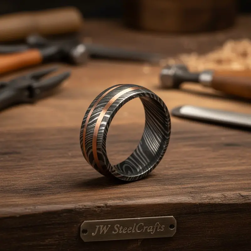 Mens Damascus Steel Wedding Band With Dual Copper Inlay Ring 1