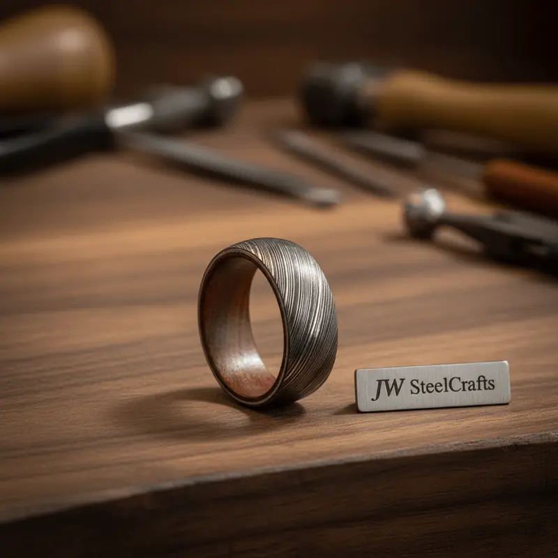 Mens Damascus Steel Wedding Band With Wood Liner Handmade Ring 1
