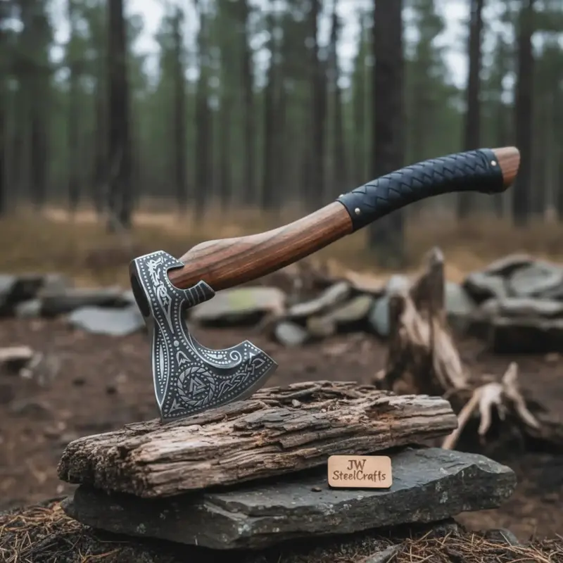 Norse Engraved Camp Hatchet With Leather Wrapped Handle And Belt Sheath | Jw Steelcrafts 2