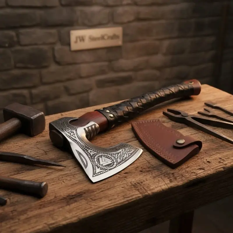 Viking Rune Engraved Bearded Hatchet With Leather Wrapped Handle 2