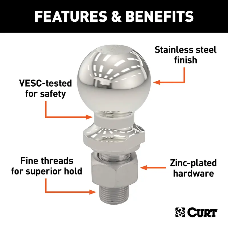 Curt Stainless Steel Trailer Ball – 2" Diameter, 3/4" X 2-1/8" Shank, 3,500 Lb Capacity (Model 40052) 1